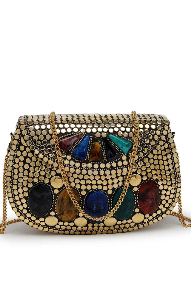 Gold Embellished Metal Clutch