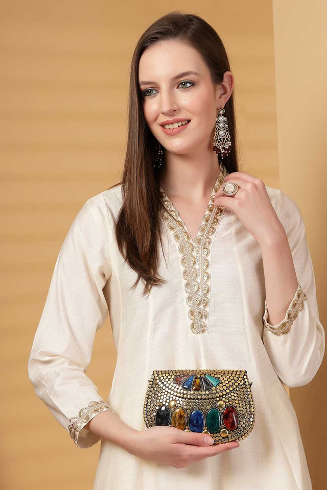 Gold Embellished Metal Clutch