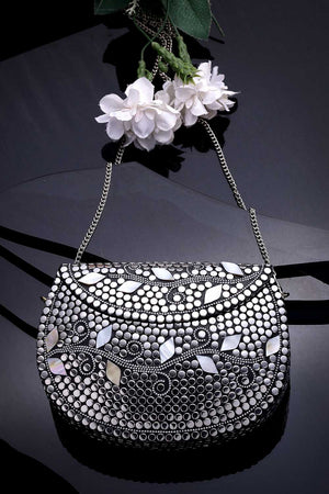 Silver Embellished Metal Clutch