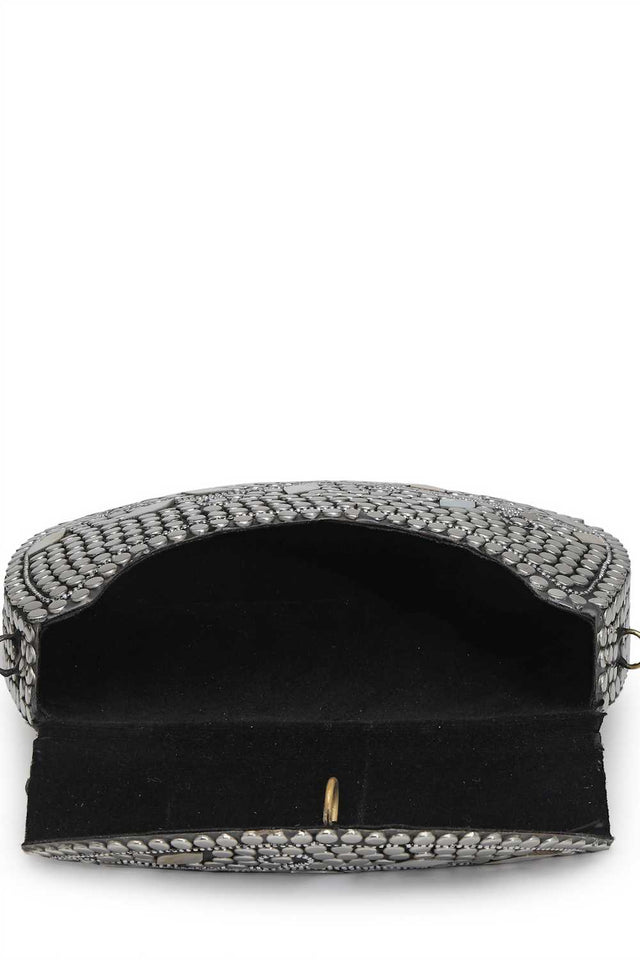 Silver Embellished Metal Clutch