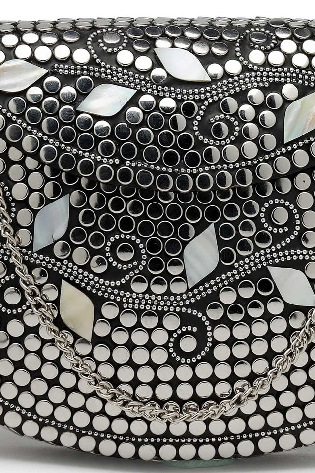 Silver Embellished Metal Clutch