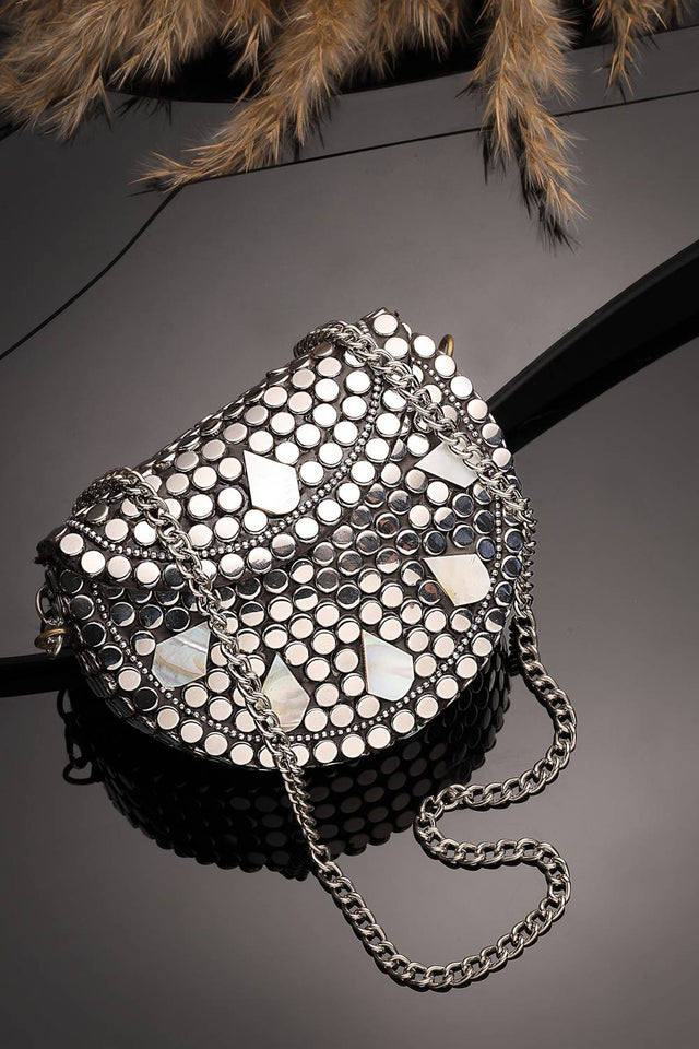 Silver Embellished Metal Clutch