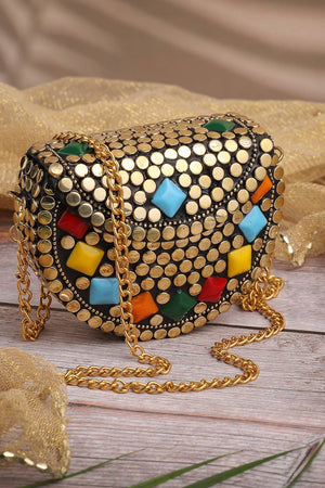 Multi Color Embellished Metal Clutch