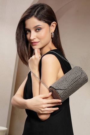 Silver Embellished Metal Clutch