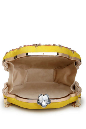 Yellow Embellished Faux Silk Clutch
