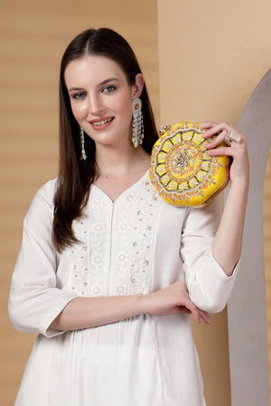 Yellow Embellished Faux Silk Clutch
