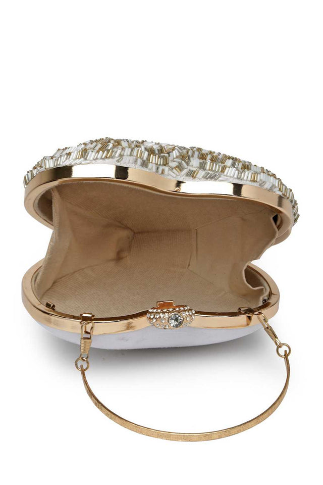 White Embellished Faux Silk Clutch