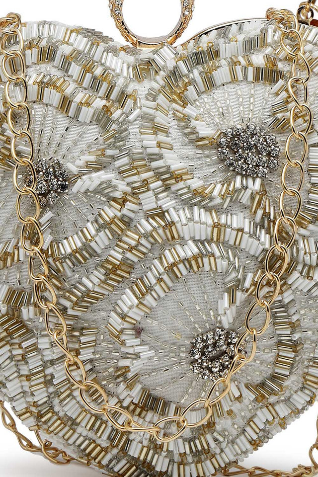 White Embellished Faux Silk Clutch