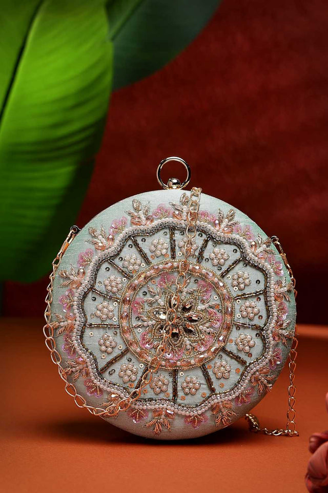 Green Embellished Faux Silk Clutch