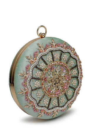 Green Embellished Faux Silk Clutch