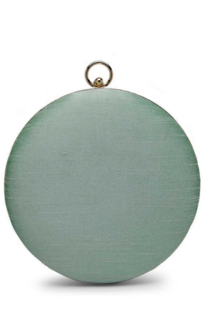 Green Embellished Faux Silk Clutch