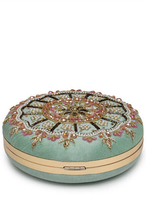 Green Embellished Faux Silk Clutch