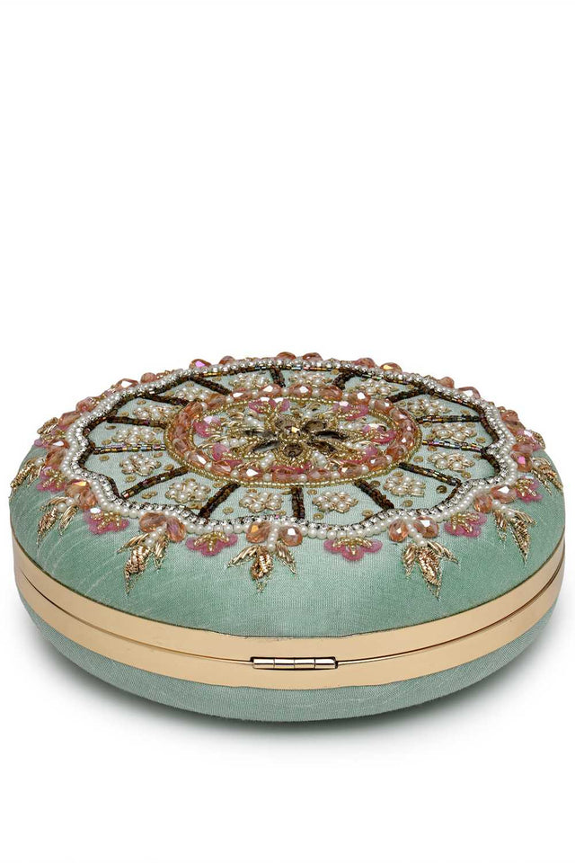 Green Embellished Faux Silk Clutch