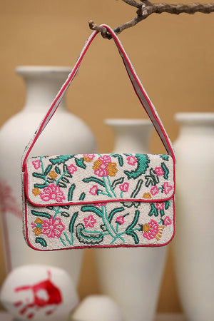 Multi Color Beads Embossed Canvas Clutch