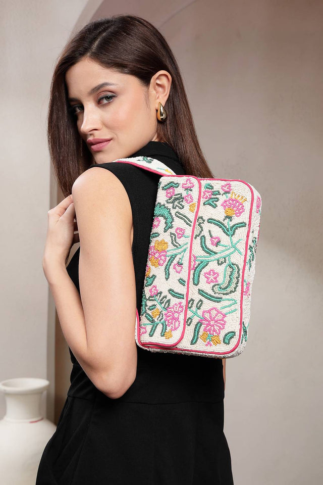 Multi Color Beads Embossed Canvas Clutch