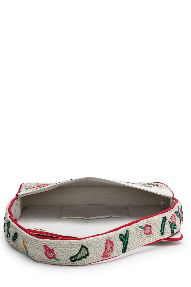 Multi Color Beads Embossed Canvas Clutch