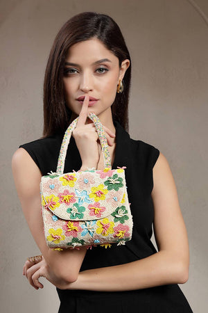 Multi Color Beads Embossed Canvas Clutch (ADCL9035A)