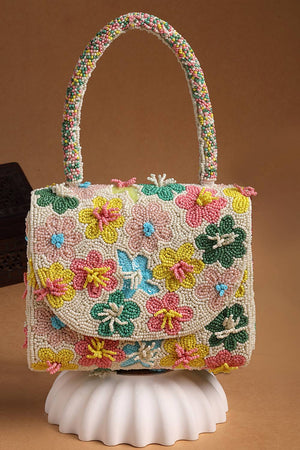 Multi Color Beads Embossed Canvas Clutch (ADCL9035A)