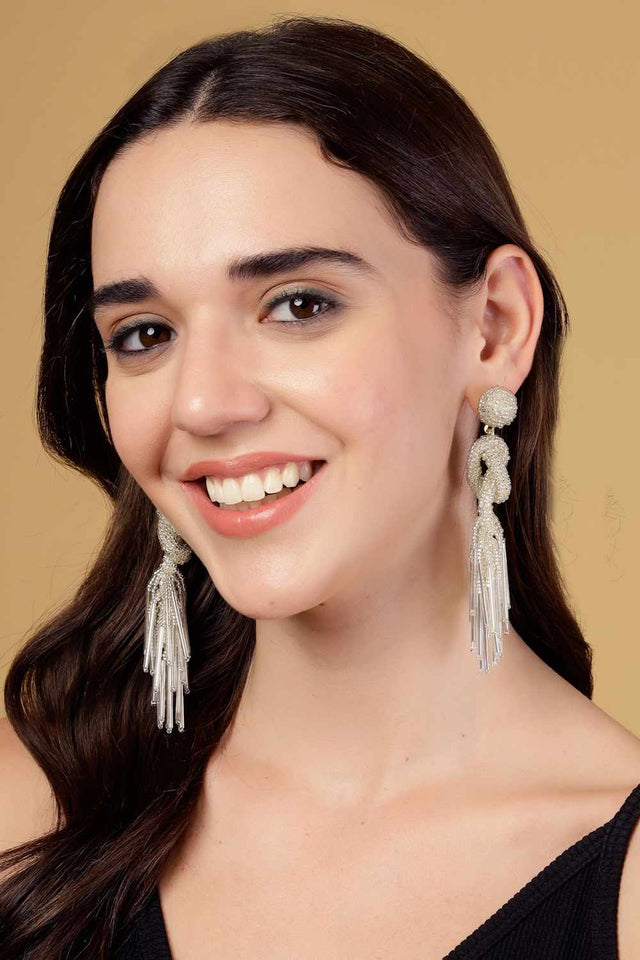 Silver Beadwork Plastic Drop Earrings