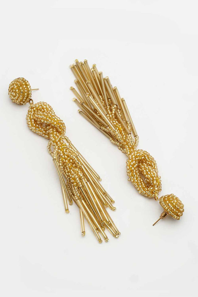 Gold Beadwork Plastic Drop Earrings