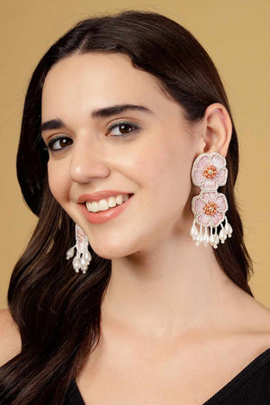 Pink Beadwork Fiber Drop Earrings