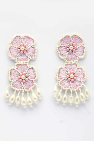 Pink Beadwork Fiber Drop Earrings