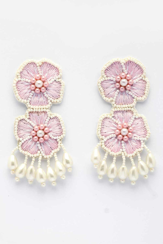 Pink Beadwork Fiber Drop Earrings