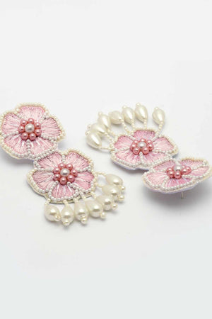 Pink Beadwork Fiber Drop Earrings