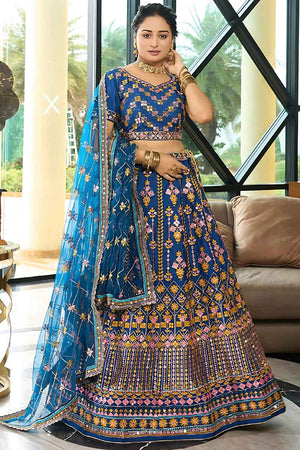 Turquoise Sequins Silk Lehenga