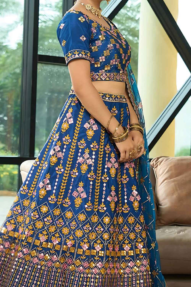 Turquoise Sequins Silk Lehenga