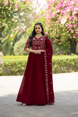 Maroon Embroidered Vichitra Silk Gown