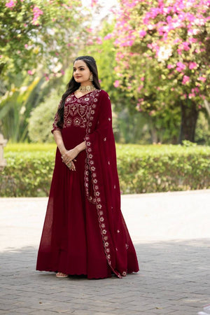Maroon Embroidered Vichitra Silk Gown