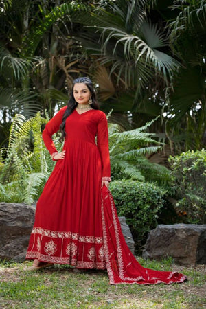 Red Embroidered Georgette Gown