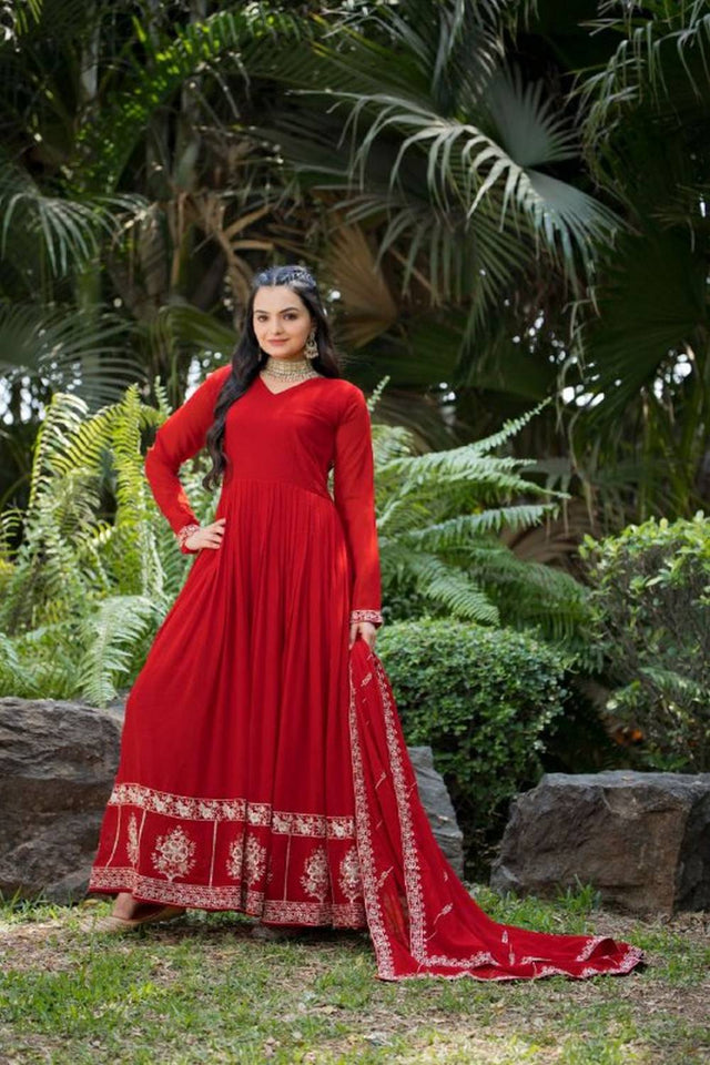 Red Embroidered Georgette Gown