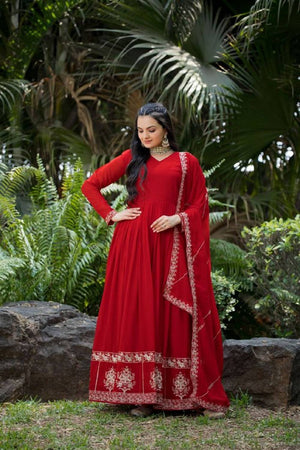 Red Embroidered Georgette Gown