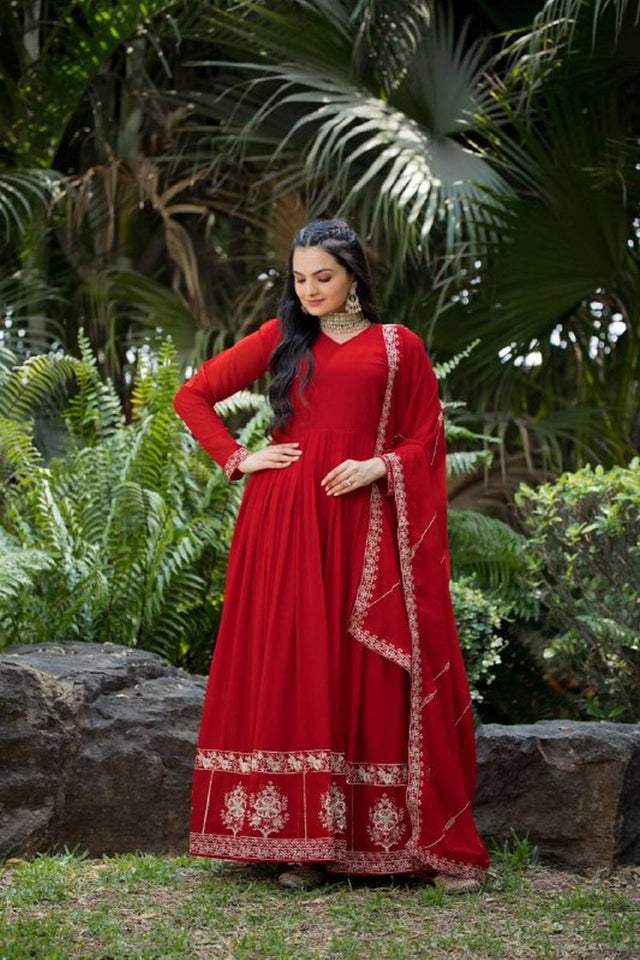 Red Embroidered Georgette Gown