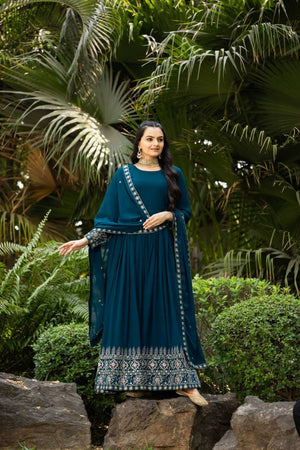Blue Embroidered Georgette Gown