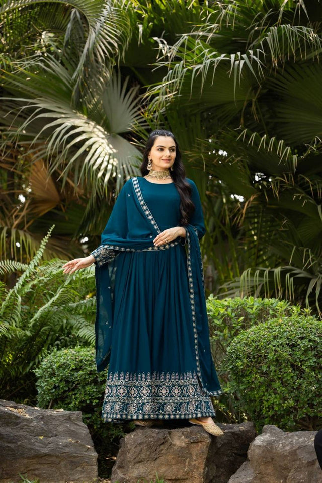 Blue Embroidered Georgette Gown