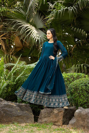 Blue Embroidered Georgette Gown