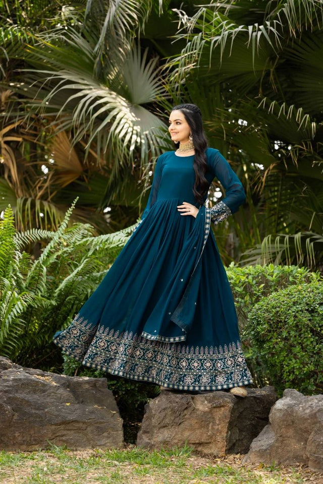 Blue Embroidered Georgette Gown