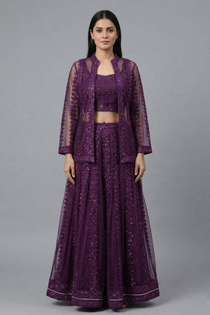 Purple Sequin with Embroidered Net Skirt Set (AHBLSKJK-COMBO-1185-DS)