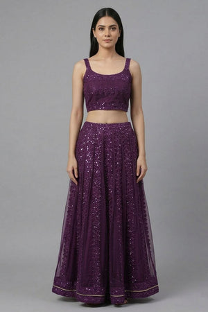 Purple Sequin with Embroidered Net Skirt Set (AHBLSKJK-COMBO-1185-DS)