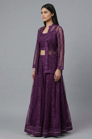 Purple Sequin with Embroidered Net Skirt Set (AHBLSKJK-COMBO-1185-DS)