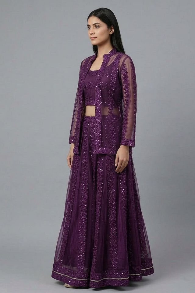 Purple Sequin with Embroidered Net Skirt Set (AHBLSKJK-COMBO-1185-DS)