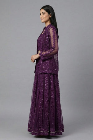 Purple Sequin with Embroidered Net Skirt Set (AHBLSKJK-COMBO-1185-DS)