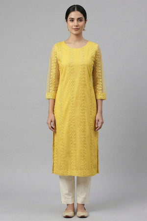 Yellow Embroidered Net Kurti Pant Set (AHKUNTEMB-1169-DS)