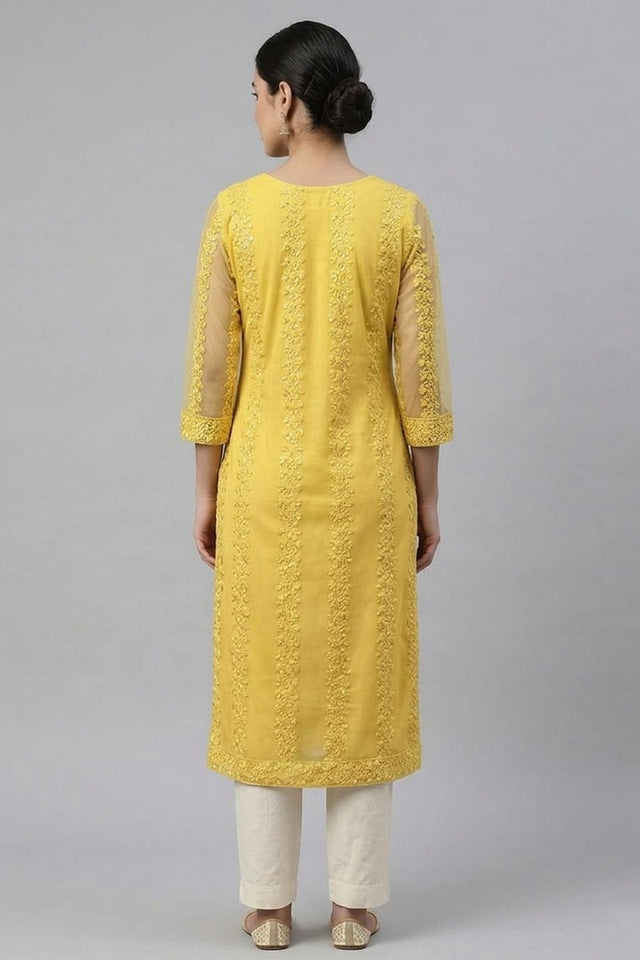 Yellow Embroidered Net Kurti Pant Set (AHKUNTEMB-1169-DS)