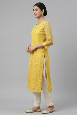 Yellow Embroidered Net Kurti Pant Set (AHKUNTEMB-1169-DS)