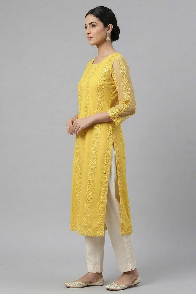 Yellow Embroidered Net Kurti Pant Set (AHKUNTEMB-1169-DS)