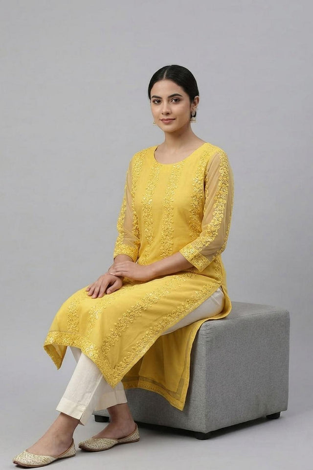Yellow Embroidered Net Kurti Pant Set (AHKUNTEMB-1169-DS)